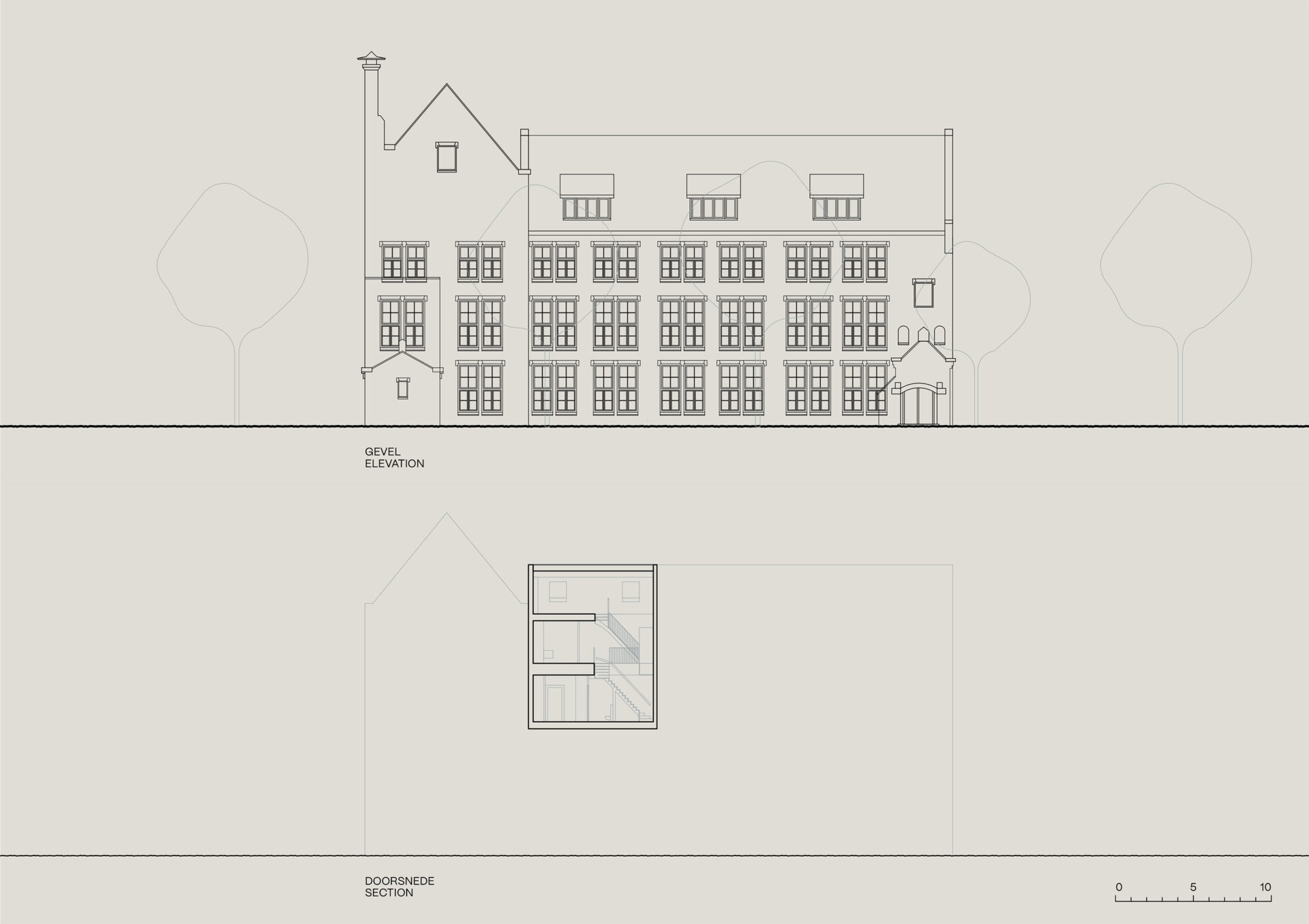 Gevel en doorsnede van het Rosa klooster GDL Maisonette Amsterdam maatwerk interieur door COAST